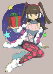 Rule 34 | 1girl, argyle, argyle clothes, argyle legwear, argyle pantyhose, boots, box, breasts, brown eyes, brown hair, christmas, closed mouth, earmuffs, full body, fur-trimmed boots, fur trim, gift, gift box, highres, holding, large breasts, long hair, long sleeves, looking at viewer, mizuno (okn66), original, pantyhose, ribbed sweater, sitting, skirt, sleeveless, sleeveless sweater, solo, star (symbol), sweater, turtleneck, turtleneck sweater, white footwear