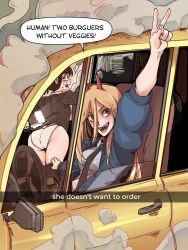 Rule 34 | 2girls, absurdres, ass, assisted exposure, black hair, blonde hair, car, chainsaw man, clothes pull, demon horns, driving, english text, hand up, higashiyama kobeni, highres, horns, kreadorsito, looking at viewer, motor vehicle, multiple girls, necktie, open mouth, panties, pants, pants pull, power (chainsaw man), sharp teeth, smoke, speech bubble, sweatdrop, teeth, underwear, v, white panties, window