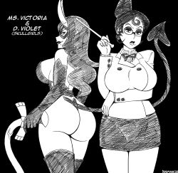 Rule 34 | 2girls, artist request, ass, breasts, buttons, d. violet (skullgirls), glasses, highres, huge ass, large breasts, long hair, mole, mole under mouth, mrs. victoria (skullgirls), multiple girls, skullgirls, source request, thighhighs