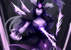 Rule 34 | 1girl, breasts, claws, cleavage, dress, female focus, glowing, headgear, impaled, kalista, large breasts, league of legends, ling (vivianling), long hair, pink eyes, purple dress, silver hair, solo, very long hair