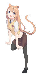 Rule 34 | 1girl, :d, animal ears, black pantyhose, blue eyes, brown skirt, cat ears, cat girl, cat tail, fang, full body, highres, light brown hair, long hair, looking at viewer, mary janes, midriff, open mouth, original, pantyhose, saiste, school uniform, shirt, shoes, short sleeves, simple background, skirt, smile, solo, standing, standing on one leg, tail, uwabaki, vest, white background, white shirt, yellow vest