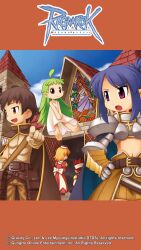 2boys 3girls armor back_bow belt belt_pouch biretta blonde_hair blue_cape blue_hair blue_sky boobplate bow breastplate brown_belt brown_cape brown_eyes brown_gloves brown_hair brown_pants brown_shirt brown_skirt cape closed_mouth copyright_notice cowboy_shot creator_(ragnarok_online) cross cross_necklace dress gauntlets gloves high_priest_(ragnarok_online) highres jewelry juliet_sleeves lif_(ragnarok_online) logo long_sleeves medium_hair multiple_boys multiple_girls necklace official_art official_wallpaper open_mouth outdoors paladin_(ragnarok_online) pants pauldrons pink_eyes pointy_ears pouch puffy_sleeves ragnarok_online red_dress red_hair shirt short_bangs short_hair shoulder_armor skirt sky sleeveless sleeveless_dress smile spiked_hair stained_glass waist_cape white_bow white_dress yuichirou