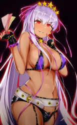 Rule 34 | 1girl, aura, bb (fate), bb (fate) (all), bb (swimsuit mooncancer) (fate), bb (swimsuit mooncancer) (second ascension) (fate), belt, bikini, breasts, covered erect nipples, dia, earrings, evil grin, evil smile, fate/grand order, fate (series), fingerless gloves, garter straps, gloves, glowing, glowing eyes, gold trim, grin, gyaru, hair ribbon, holding, holding money, jewelry, large breasts, long hair, micro shorts, money, nail polish, nanasumi (pantie party project), naughty face, navel, open fly, purple bikini, purple hair, red eyes, ribbon, short shorts, shorts, smile, solo, star (symbol), star earrings, swimsuit, tan, very long hair