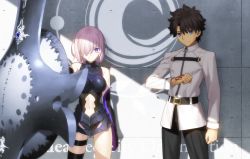 Rule 34 | 1boy, 1girl, against wall, arm at side, bare shoulders, belt, belt buckle, black gloves, black leotard, black pants, black thighhighs, blue eyes, breasts, brown hair, buckle, closed mouth, command spell, cowboy shot, elbow gloves, fate/grand order, fate/grand order: first order, fate (series), fujimaru ritsuka (male), gloves, hair over one eye, highres, legs apart, leotard, looking at viewer, mash kyrielight, medium breasts, navel, official art, oversized object, pants, pink hair, purple eyes, scan, shield, short hair, single thighhigh, skirt, smile, standing, stomach, sunlight, takeuchi takashi, thigh strap, thighhighs, thighs, uniform, white skirt
