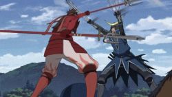 Rule 34 | animated, animated gif, armor, date masamune (sengoku basara), fighting, flip, horse, lowres, multiple boys, samurai, sanada yukimura (sengoku basara), sengoku basara