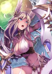 Rule 34 | 1girl, angel, angel wings, armor, armpits, bare shoulders, breasts, character request, cleavage, collar, copyright request, faulds, feathered wings, feathers, headdress, highres, holding, holding weapon, large breasts, long hair, looking away, midriff, navel, outstretched arm, pelvic curtain, revealing clothes, ryuinu, shield, solo, stomach, strap gap, tri braids, valkyrie, very long hair, weapon, wings