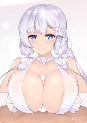 Rule 34 | 1boy, 1girl, azur lane, bare shoulders, blank censor, blue eyes, blush, breasts, censored, choker, closed mouth, cum, cum on body, cum on breasts, cum on upper body, dated, dress, elbow gloves, gloves, halter dress, halterneck, hetero, huge breasts, illustrious (azur lane), illustrious (morning star of love and hope) (azur lane), kuavera, light purple hair, long hair, looking at viewer, low twintails, mole, mole under eye, paizuri, paizuri under clothes, penis, see-through, signature, smile, solo focus, twintails, twitter username, wedding dress, white choker, white gloves