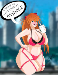 Rule 34 | 1girl, alternate breast size, blue eyes, blush, bra, breasts, brown hair, bunnytreypon, curvy, drink, embarrassed, english text, hand on own hip, holding, holding drink, large breasts, neon genesis evangelion, panties, plump, red bra, red panties, solo, souryuu asuka langley, thong, underwear, wide hips