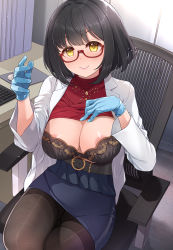 Rule 34 | 1girl, areola slip, belt, black belt, black bra, black hair, black pantyhose, blue gloves, blue skirt, blush, bra, breasts, cleavage, closed mouth, clothes lift, glasses, gloves, hand on own chest, highres, idolmaster, idolmaster cinderella girls, indoors, jacket, lace, lace-trimmed bra, lace trim, large breasts, lifting own clothes, long sleeves, looking at viewer, mk (mod0), on chair, open clothes, open jacket, pantyhose, red shirt, rubber gloves, semi-rimless eyewear, shirt, shirt lift, short hair, sitting, skirt, smile, solo, swept bangs, takafuji kako, thighband pantyhose, underwear, white jacket, yellow eyes