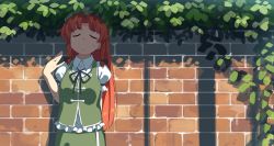 Rule 34 | 1girl, against wall, anime coloring, arm behind back, braid, brick wall, collared shirt, closed eyes, fanning face, fanning self, hat, hong meiling, hot, ivy, leaf, long hair, monosenbei, pout, red hair, shade, shirt, skirt, skirt set, solo, star (symbol), sweat, touhou, twin braids, u u, upper body, very long hair, vest
