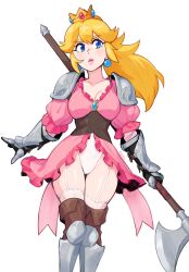 Rule 34 | 1girl, alternate costume, blonde hair, blue eyes, breasts, cleavage, collarbone, crown, dress, earrings, feet out of frame, gauntlets, gloves, highres, holding, holding weapon, jewelry, large breasts, layered sleeves, leotard, long hair, long sleeves, looking at viewer, mario (series), nintendo, parted lips, pink dress, ponytail, princess peach, puffy short sleeves, puffy sleeves, rob ishi, short over long sleeves, short sleeves, shoulder plates, standing, weapon, white leotard