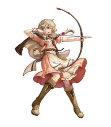 Rule 34 | 1girl, apron, arrow (projectile), blonde hair, boots, bow, bow (weapon), bracelet, braid, brown eyes, capelet, drawing bow, faye (fire emblem), fire emblem, fire emblem echoes: shadows of valentia, fire emblem heroes, full body, highres, holding, holding bow (weapon), holding weapon, jewelry, konfuzikokon, long hair, low-braided long hair, low-tied long hair, nintendo, official art, one eye closed, open mouth, simple background, solo, twin braids, weapon, white background