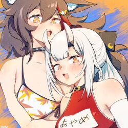 Rule 34 | 2girls, :d, animal ears, bikini, black hair, blush, breasts, chestnut mouth, fang, flipped hair, gloves, grey hair, hair ornament, hairpin, highres, hololive, ikayaki (ikayaki4), large breasts, leaf print, long hair, looking at viewer, medium breasts, multicolored hair, multiple girls, nakiri ayame, nontraditional school swimsuit, one-piece swimsuit, ookami mio, ookami mio (hololive summer 2019), open mouth, print bikini, red hair, red one-piece swimsuit, school swimsuit, smile, spiked hair, streaked hair, sunset, swimsuit, very long hair, virtual youtuber, white gloves, wolf ears, wolf girl, yellow eyes
