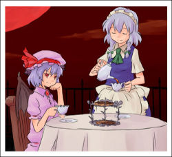 Rule 34 | 2girls, blue dress, cup, dress, closed eyes, female focus, hand on own cheek, hand on own face, hat, holding, izayoi sakuya, kannari, looking at viewer, lowres, maid headdress, mob cap, multiple girls, pink dress, puffy short sleeves, puffy sleeves, red eyes, remilia scarlet, saucer, short sleeves, silver hair, table, tea, teacup, touhou, upper body