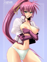 Rule 34 | 00s, 1girl, braid, breasts squeezed together, breasts, elbow gloves, female focus, fingerless gloves, gloves, green eyes, ichimedoo, large breasts, long hair, lyrical nanoha, mahou shoujo lyrical nanoha, mahou shoujo lyrical nanoha a&#039;s, navel, nipples, panties, pink hair, ponytail, signum, solo, tears, underwear, very long hair