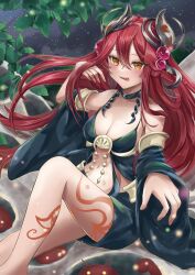 Rule 34 | 1girl, absurdres, bare shoulders, blush, breasts, cleavage, detached sleeves, dress, duel monster, hair ornament, highres, horns, large breasts, long hair, looking at viewer, midriff, misakura aoi, navel, red hair, smile, solo, tattoo, traptrix allomerus, very long hair, yellow eyes, yu-gi-oh!