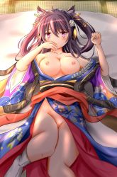 Rule 34 | 1girl, absurdres, animal ears, arii (tari621011), ashigara (azur lane), ashigara (brief intermission) (azur lane), azur lane, bare shoulders, black hair, blush, breasts, breasts out, cameltoe, collarbone, commentary request, flower, futon, hair between eyes, hair flower, hair ornament, hand to own mouth, headphones, highres, japanese clothes, kimono, large breasts, long hair, looking at viewer, lying, medium hair, naked kimono, nipples, no panties, obi, on back, open clothes, open kimono, purple eyes, pussy, sash, socks, solo, tatami, wide sleeves