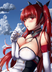Rule 34 | 1girl, :o, arm support, azur lane, black ribbon, blue sky, blush, breasts, bubble tea, cleavage, closed mouth, cloud, collarbone, cup, day, disposable cup, drinking straw, elbow gloves, gloves, hair between eyes, hair ribbon, hat, highres, holding, holding cup, honolulu (azur lane), large breasts, long hair, looking at viewer, open mouth, outdoors, red eyes, red hair, ribbon, satou aji, sitting, sky, solo, sweat, twintails, very long hair, white gloves