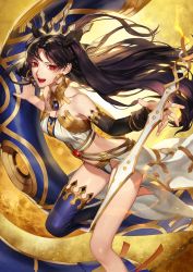 Rule 34 | 1girl, bare shoulders, barefoot, black hair, bridal gauntlets, crescent, earrings, fate/grand order, fate (series), floating hair, gem, gold, hair ribbon, heavenly boat maanna, highres, hoop earrings, ishtar (fate), ishtar (fate), jewelry, long hair, looking at viewer, necklace, open mouth, red eyes, ribbon, single thighhigh, solo, thighhighs, toeless legwear, toes, tohsaka rin, two side up, very long hair, weapon, zombeing