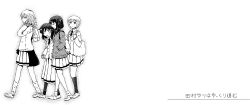 Rule 34 | 4girls, :&lt;, bags under eyes, blazer, cardigan, clothes around waist, from side, greyscale, jacket, kneehighs, kuroki tomoko, loose socks, low twintails, medium hair, monochrome, multiple girls, pantyhose, profile, school uniform, shoes, short hair, simple background, socks, standing, sweatdrop, sweater, sweater around waist, tamura yuri, tanaka mako, twintails, watashi ga motenai no wa dou kangaetemo omaera ga warui!, white background, yokochou, yoshida masaki