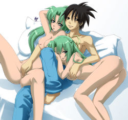 Rule 34 | 00s, 1boy, 2girls, artist request, blue eyes, grabbing another&#039;s breast, breasts, clothed male nude female, cuddling, grabbing, green hair, highres, higurashi no naku koro ni, hug, incest, long hair, multiple girls, nude, ponytail, topless male, siblings, sisters, small breasts, sonozaki mion, sonozaki shion, twins, uncensored