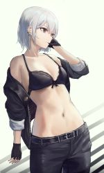 Rule 34 | 1girl, absurdres, belt, biting, black belt, black bra, black gloves, black jacket, bow, bow bra, bra, cowboy shot, denim, ear piercing, earrings, fingerless gloves, glove biting, gloves, highres, huge filesize, jacket, jeans, jewelry, midriff, navel, open clothes, open jacket, original, pants, piercing, shichi (ratorin53), short hair, sleeves rolled up, solo, stomach, striped, striped background, underwear, white hair, yellow eyes