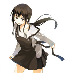 Rule 34 | 1girl, apron, black dress, black hair, buttons, dress, kuchibue, long sleeves, looking at viewer, original, ponytail, sidelocks, simple background, solo, standing, white background