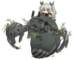Rule 34 | 1girl, anchovy (girls und panzer), anzio (emblem), black necktie, black ribbon, black shirt, branch, closed mouth, commentary request, emblem, girls und panzer, grass, green hair, grey jacket, hair ribbon, hermit crab, highres, jacket, looking at viewer, military jacket, necktie, nendo23, non-humanoid robot, overgrown, red eyes, ribbon, riding, ringlets, robot, robot animal, shirt, simple background, smirk, solo, tsurime, twintails, v-shaped eyebrows, white background