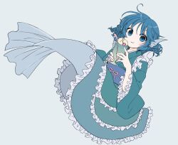 Rule 34 | 1girl, blue eyes, blue hair, blue tail, closed mouth, commentary request, fins, food, frilled kimono, frills, full body, green kimono, grey background, head fins, highres, japanese clothes, kimono, looking at viewer, mermaid, monster girl, one-hour drawing challenge, sash, short hair, simple background, smile, solo, touhou, wakasagihime, ya (inkokatte)