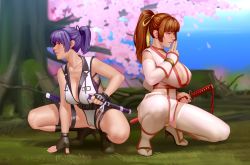 Rule 34 | 2girls, absurdres, alternate hairstyle, armor, ayane (doa), back-to-back, black gloves, boots, breasts, brown eyes, brown hair, cameltoe, cherry blossoms, choker, cleavage, commission, day, dead or alive, detached sleeves, fingerless gloves, fishnets, full body, gloves, greaves, hair ribbon, hand on hilt, high heel boots, high heels, highres, japanese armor, kairunoburogu, kasumi (doa), kote, large breasts, leotard, lips, long hair, multiple girls, nature, ninja, ninjatou, nose, outdoors, parted lips, pelvic curtain, ponytail, purple hair, red choker, red eyes, ribbon, sheath, sheathed, short ponytail, short sword, siblings, sisters, sleeveless, squatting, sword, tantou, thigh strap, thighhighs, tree, weapon, white legwear, white leotard