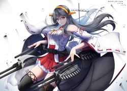 Rule 34 | 1girl, black hair, boots, cannon, commentary request, cowboy shot, dazzle paint, detached sleeves, frilled skirt, frills, hachiware (8ware63), hair ornament, hairband, hairclip, haruna (kancolle), headgear, japanese clothes, kantai collection, long hair, machinery, ribbon-trimmed sleeves, ribbon trim, simple background, skirt, solo, thigh boots, thighhighs, translation request, turret, white background