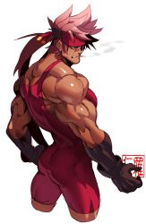 Rule 34 | 1boy, alternate color, alternate hair color, aqua eyes, ass, bara, bare shoulders, covered abs, cropped legs, fingerless gloves, from behind, gloves, guilty gear, headgear, highres, long hair, looking back, male focus, muscular, na insoo, pectorals, pink hair, ponytail, shiny skin, simple background, sleeveless, sol badguy, solo, spiked hair, thighs, tight clothes, wrestling outfit