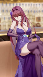 Rule 34 | 1girl, absurdres, akilv, bar (place), bar stool, breasts, choker, cleavage, cocktail glass, crossed legs, cup, dress, drink, drinking glass, elbow gloves, fate/grand order, fate (series), flower, gloves, hair flower, hair ornament, highres, indoors, large breasts, long hair, looking at viewer, purple dress, purple gloves, purple hair, red eyes, scathach (fate), scathach (formal dress) (fate), solo, stool, thighhighs