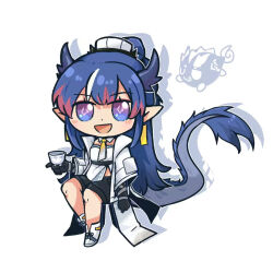 Rule 34 | 1girl, arknights, ascot, black gloves, black shorts, blue hair, chibi, coat, cup, detached collar, dot nose, dragon bubble (arknights), dragon horns, dragon tail, drop shadow, full body, gloves, holding, holding cup, horns, ling (arknights), long hair, open mouth, pointy ears, shirt, shorts, solo, sukey four, symbol-shaped pupils, tail, white coat, white footwear, white shirt, yellow ascot