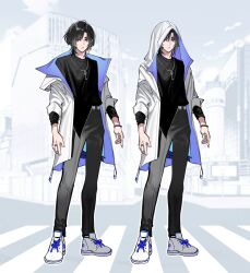 Rule 34 | 1boy, belt, black hair, black pants, black shirt, blue eyes, bracelet, character sheet, closed mouth, copyright request, earrings, full body, grey belt, highres, hood, hoodie, indie utaite, jewelry, kanishiima, long sleeves, looking at viewer, multicolored clothes, nail polish, necklace, official art, original, pants, ring, second-party source, shirt, shoes, sleeves rolled up, sneakers, utaite, white footwear, white hoodie