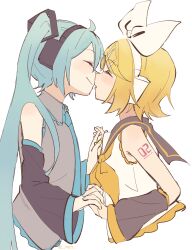 Rule 34 | 2girls, absurdres, aqua hair, aqua nails, aqua necktie, arm warmers, bare shoulders, black sleeves, blonde hair, bow, closed eyes, commentary, crop top, cropped torso, detached sleeves, from side, grey sailor collar, grey shirt, hair bow, hair ornament, hairclip, hatsune miku, headphones, highres, holding hands, imminent kiss, kagamine rin, kiss day, light blush, long hair, m0ti, multiple girls, nail polish, neckerchief, necktie, noses touching, orange neckerchief, sailor collar, school uniform, shirt, short hair, short sleeves, sleeveless, sleeveless shirt, smile, swept bangs, twintails, twitter username, upper body, very long hair, vocaloid, white bow, white shirt, yellow nails, yuri