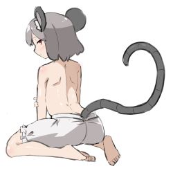 Rule 34 | 1girl, animal ears, ass, bare legs, barefoot, bloomers, full body, grey hair, kani onigiri (shottare), looking at viewer, looking back, mouse ears, mouse girl, mouse tail, nazrin, red eyes, short hair, simple background, sitting, solo, tail, topless, touhou, underwear, underwear only, wariza, white background, white bloomers