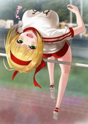 Rule 34 | 10s, 1girl, ahoge, ass, azuki yui, blonde hair, blush, braid, breasts, buruma, fate/extra, fate/grand order, fate (series), french braid, green eyes, gym uniform, hair bun, hair intakes, headband, jumping, large breasts, legs, name tag, nero claudius (fate), nero claudius (fate) (all), nero claudius (fate/extra), nero claudius (olympian bloomers) (fate), official alternate costume, open mouth, pole vault, red headband, shirt, shoes, single hair bun, sneakers, solo, thighs, white shirt