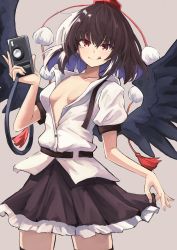 Rule 34 | 1girl, :q, bird wings, black hair, black skirt, black thighhighs, black wings, breasts, camera, closed mouth, collarbone, commentary request, cowboy shot, feathered wings, fingernails, hair between eyes, hand up, hat, highres, holding, holding camera, light blush, looking at viewer, medium breasts, medium hair, neck ribbon, open clothes, open shirt, petticoat, pom pom (clothes), puffy short sleeves, puffy sleeves, purple background, red hat, ribbon, shameimaru aya, shirt, short sleeves, simple background, skirt, solo, tassel, thighhighs, tokin hat, tongue, tongue out, touhou, undone neck ribbon, undone neckwear, white shirt, wings, yuuka (a0240765)