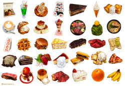 Rule 34 | absurdres, banana, cake, candy, chicken sandwich, coffee, coffee cup, coffee mug, commentary request, cone, cup, disposable cup, doughnut, food, food focus, fruit, highres, ice cream, mitomaton, mug, no humans, orange (fruit), original, pie, sushi, sweets, waffle, white background
