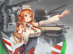 Rule 34 | &gt;:o, 10s, 1girl, :o, anchor, armor, brown eyes, brown hair, detached sleeves, hand on own chest, hand up, headdress, kantai collection, littorio (kancolle), long hair, machinery, necktie, open \m/, open mouth, pleated skirt, shirt, skirt, sleeveless, sleeveless shirt, solo, toka (marchlizard), turret, v-shaped eyebrows, wavy hair