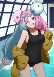 Rule 34 | 1girl, 3miril, alternate costume, black one-piece swimsuit, breasts, commentary request, cowboy shot, creatures (company), game freak, green hair, grin, head tilt, highres, indoors, iono (pokemon), jacket, long hair, medium breasts, multicolored hair, nintendo, off shoulder, one-piece swimsuit, pink eyes, pink hair, pokemon, pokemon sv, pool, rei no pool, school swimsuit, sharp teeth, smile, solo, standing, swimsuit, teeth, track jacket, twintails, two-tone hair, water, window, yellow jacket