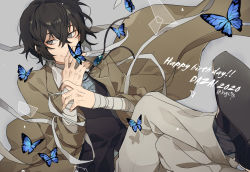 Rule 34 | 1boy, black socks, brown hair, bug, bungou stray dogs, butterfly, dazai osamu (bungou stray dogs), grey background, grey eyes, happy birthday, insect, kiragera, long sleeves, looking to the side, male focus, pants, short hair, simple background, smile, socks, too many, too many butterflies