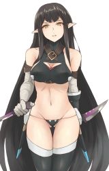 Rule 34 | 1girl, alternate costume, bandages, bare shoulders, breasts, cleavage, cosplay, dagger, den (kur0 yuki), dual wielding, fate/apocrypha, fate/grand order, fate (series), g-string, gluteal fold, head tilt, highres, holding, jack the ripper (fate/apocrypha), jack the ripper (fate/apocrypha) (cosplay), knife, long hair, navel, pointy ears, semiramis (fate), skindentation, solo, thigh gap, thighhighs, thong, very long hair, weapon, white background, yellow eyes