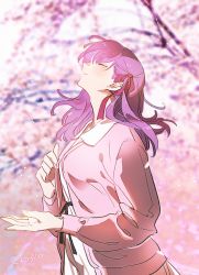Rule 34 | 1girl, arm up, blurry, blurry background, blush, breasts, cardigan, cherry blossoms, closed eyes, commentary, dated, dress, dust, fate/stay night, fate (series), hair ribbon, haun, long sleeves, looking up, matou sakura, medium breasts, medium hair, official alternate costume, outdoors, pink cardigan, purple hair, red ribbon, ribbon, smile, solo, white dress