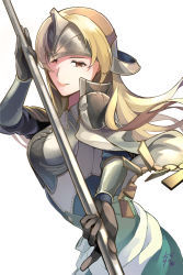 Rule 34 | 1girl, armor, blonde hair, breastplate, brown eyes, brown gloves, cape, capelet, fire emblem, fire emblem echoes: shadows of valentia, gloves, helm, helmet, highres, holding, holding polearm, holding weapon, long hair, looking at viewer, mathilda (fire emblem), nintendo, polearm, shoulder armor, solo, tarayuki, weapon, white background