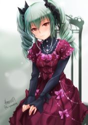 Rule 34 | 10s, 1girl, anchovy (girls und panzer), artist name, black shirt, bow, chair, dress, drill hair, formal, girls und panzer, green hair, hair ribbon, hands on lap, haruhata mutsuki, jewelry, jpeg artifacts, layered dress, light smile, long hair, long sleeves, looking at viewer, necklace, purple dress, red eyes, ribbon, shirt, signature, sitting, solo, turtleneck, twin drills, twintails, twitter username