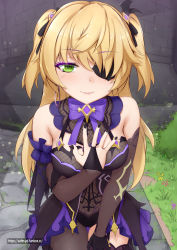 Rule 34 | 1girl, bare shoulders, black dress, black nails, black ribbon, black thighhighs, blonde hair, blush, bow, breasts, bridal gauntlets, closed mouth, commentary, detached sleeves, dress, eyepatch, fischl (genshin impact), garter straps, genshin impact, gloves, green eyes, hair ornament, hair over one eye, hair ribbon, hand on own chest, highres, long hair, looking at viewer, medium breasts, nail polish, outdoors, purple bow, purple neckwear, ribbon, single thighhigh, smile, solo, thighhighs, two side up, vahn yourdoom