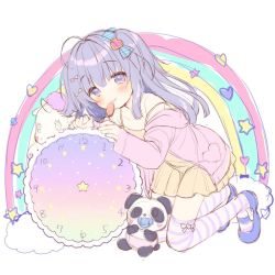 Rule 34 | 1girl, ahoge, bare shoulders, blue footwear, blush, candy, clock, cloud, commentary request, diaper, dress, food, hair between eyes, hair ornament, heart, heart hair ornament, holding, holding candy, holding food, holding lollipop, jacket, kneeling, lollipop, long hair, long sleeves, looking at viewer, mary janes, off shoulder, open clothes, open jacket, original, pacifier, pastel colors, pink jacket, purple eyes, purple hair, rainbow, shoes, sketch, sleeveless, sleeveless dress, sleeves past wrists, solo, star (symbol), striped clothes, striped thighhighs, stuffed animal, stuffed panda, stuffed toy, stuffed unicorn, thighhighs, two side up, unfinished, usashiro mani, very long hair, white background, yellow dress
