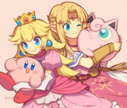 Rule 34 | 2girls, artist name, blonde hair, blue eyes, bracer, cheek-to-cheek, creatures (company), crown, dress, elbow gloves, game freak, gen 1 pokemon, gloves, heads together, hug, jigglypuff, kirby, kirby (series), long hair, looking at another, looking at viewer, mario (series), mini crown, multiple girls, nintendo, one eye closed, open mouth, pink background, pink dress, pink theme, pointy ears, pokemon, pokemon (creature), princess peach, princess zelda, puffy short sleeves, puffy sleeves, short sleeves, smile, super smash bros., the legend of zelda, tiara, upper body, white gloves, wusagi2
